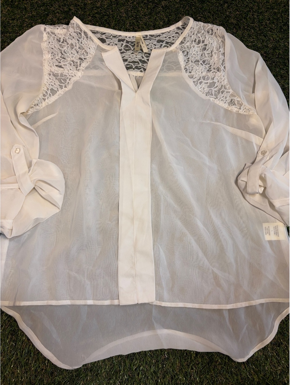 Women's Sheer White Lace Accent Blouse, Size Large